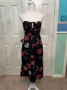 Urban Outfitters Black Strapless Floral Midi with Red & Pink Blooms
